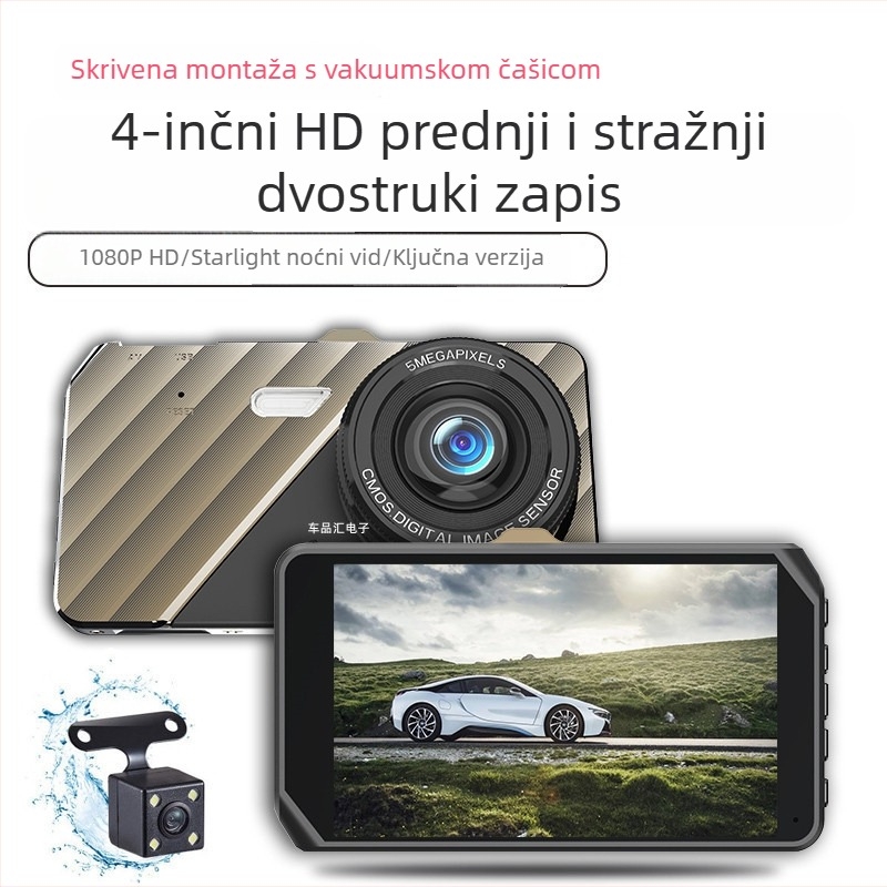 4-inčna automobilska dash kamera, HD 1296p noćni vid, prednja i stražnja dvostruka snimka, 24-satno parkiranje nadzor, DVR