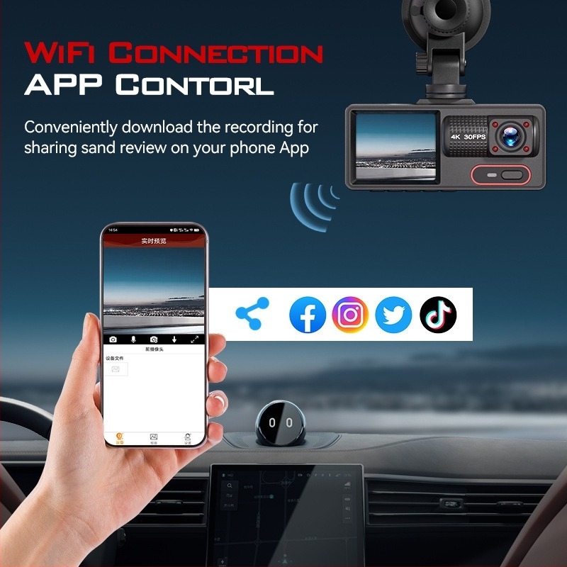 Auto DVR s tri leće širokog kuta, 1080p, 170°, Wi-Fi, noćni vid, ciklično snimanje