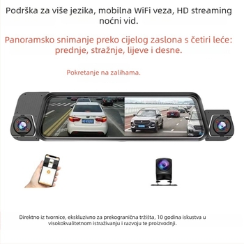 Auto dash cam s četiri kamere: prednja, lijeva, desna i stražnja, Wi‑Fi, 9,66-inčni puni zaslon, 1080p noćni video, snimanje vožnje