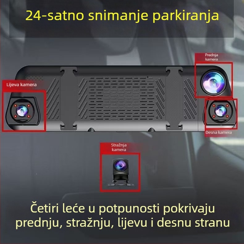Auto dash cam s četiri kamere: prednja, lijeva, desna i stražnja, Wi‑Fi, 9,66-inčni puni zaslon, 1080p noćni video, snimanje vožnje