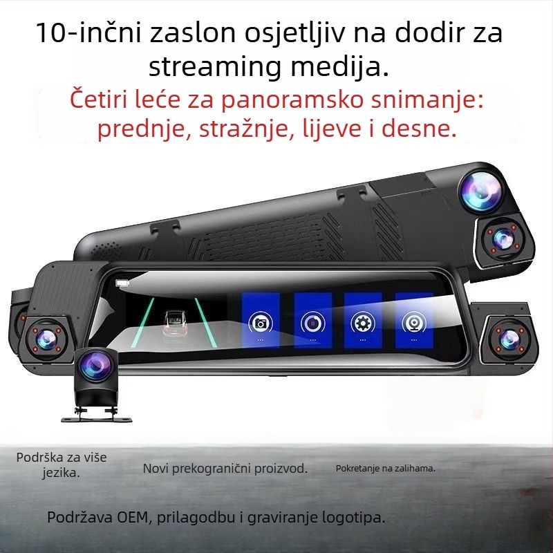 Auto dash cam s četiri kamere: prednja, lijeva, desna i stražnja, Wi‑Fi, 9,66-inčni puni zaslon, 1080p noćni video, snimanje vožnje