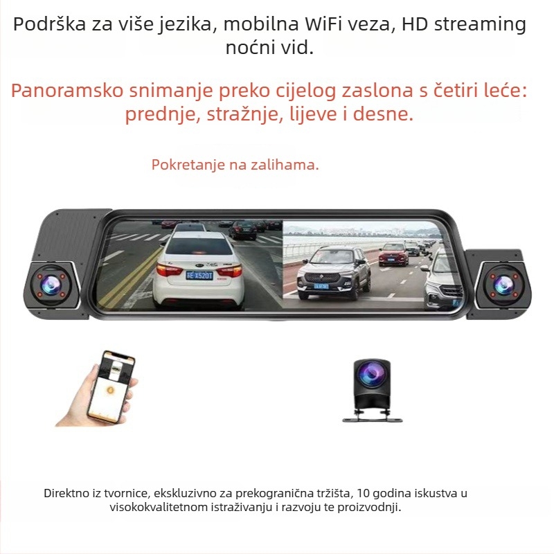 Auto dash cam s četiri kamere: prednja, lijeva, desna i stražnja, Wi‑Fi, 9,66-inčni puni zaslon, 1080p noćni video, snimanje vožnje