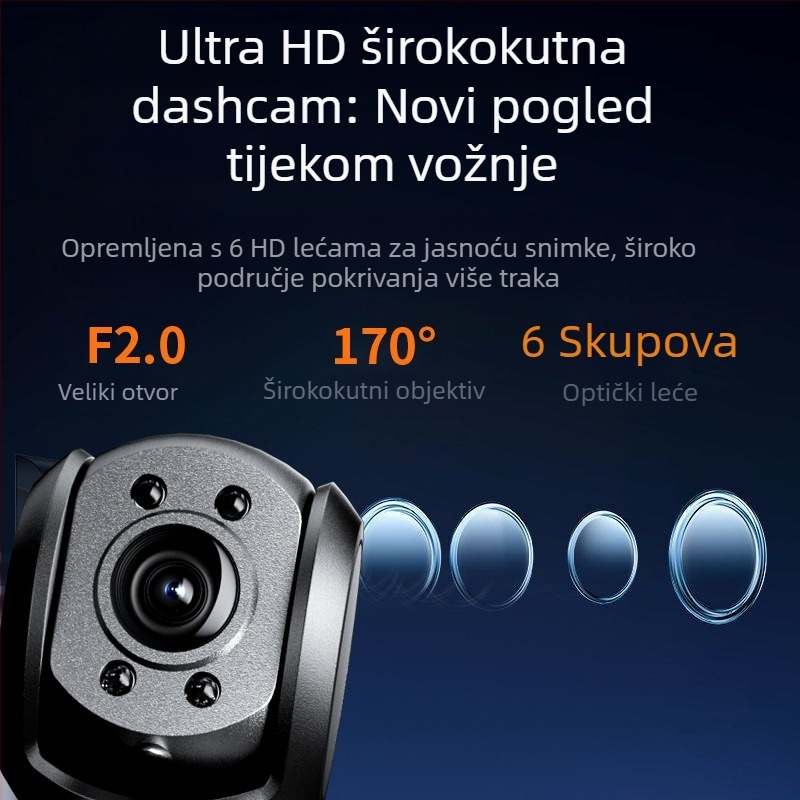 Dash kamera za automobil s APP, 170° kut, 1080p, Wi‑Fi, petljasto snimanje, montaža na prednje staklo