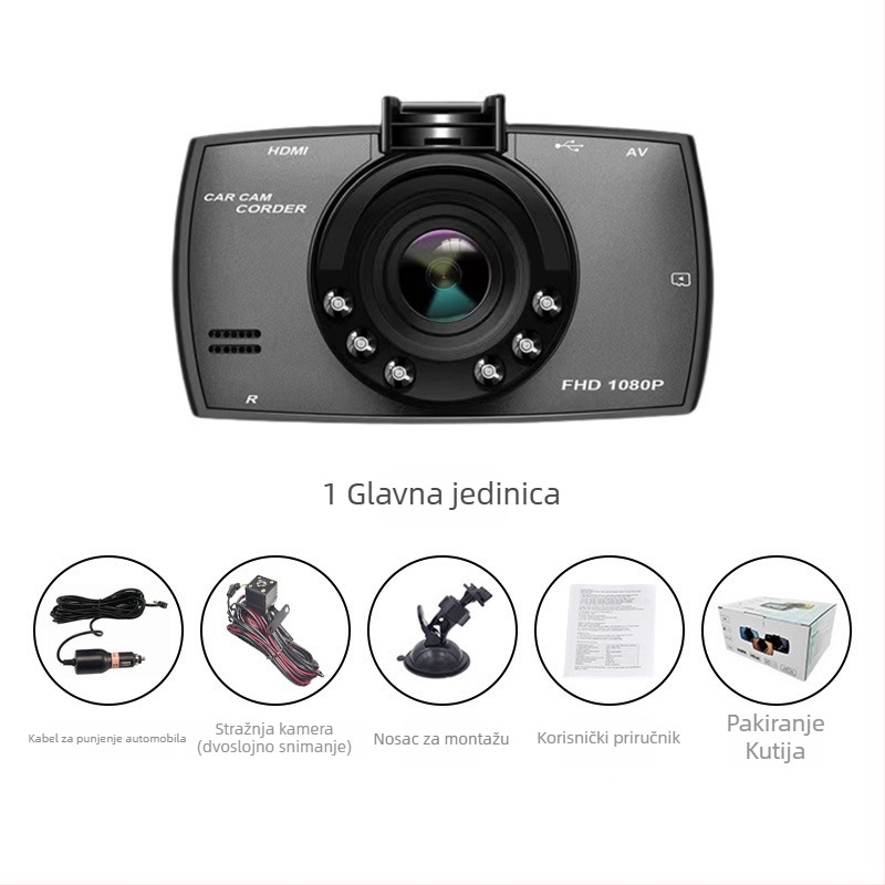 Širokokutni automobil DVR s prednjom i stražnjom snimkom (cikličko snimanje, 1080p, 170°, noćni vid)
