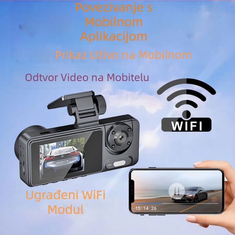 Dash kamera s tri objektiva, 1080p snimanje, 170° kut gledanja, GPS praćenje, Wi‑Fi