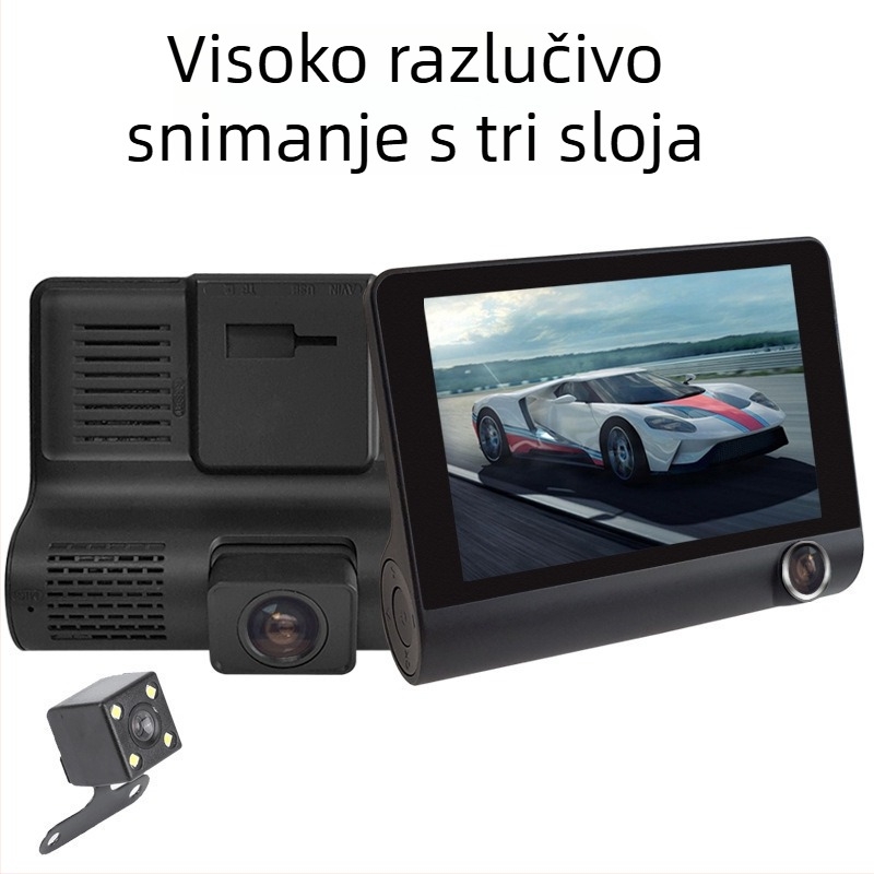 Dash kamera s tri objektiva, 1080p video, noćno snimanje, kut gledanja 140°, petlja snimanja