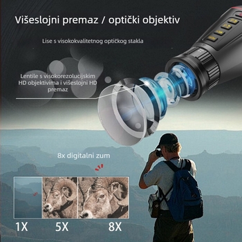 Monokularni uređaj za noćni vid, 8x povećanje, 25 mm objektiv, domet noćnog vida 300 m, težina 240 g, napajanje 3.7 V