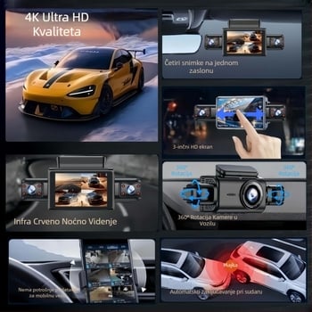 Cheba e-road 4K+ četverokanalna dash cam s 360° panoramom naprijed i unutar vozila, 3,0-inčni zaslon, nadzor parkiranja, poboljšano noćno vidjenje