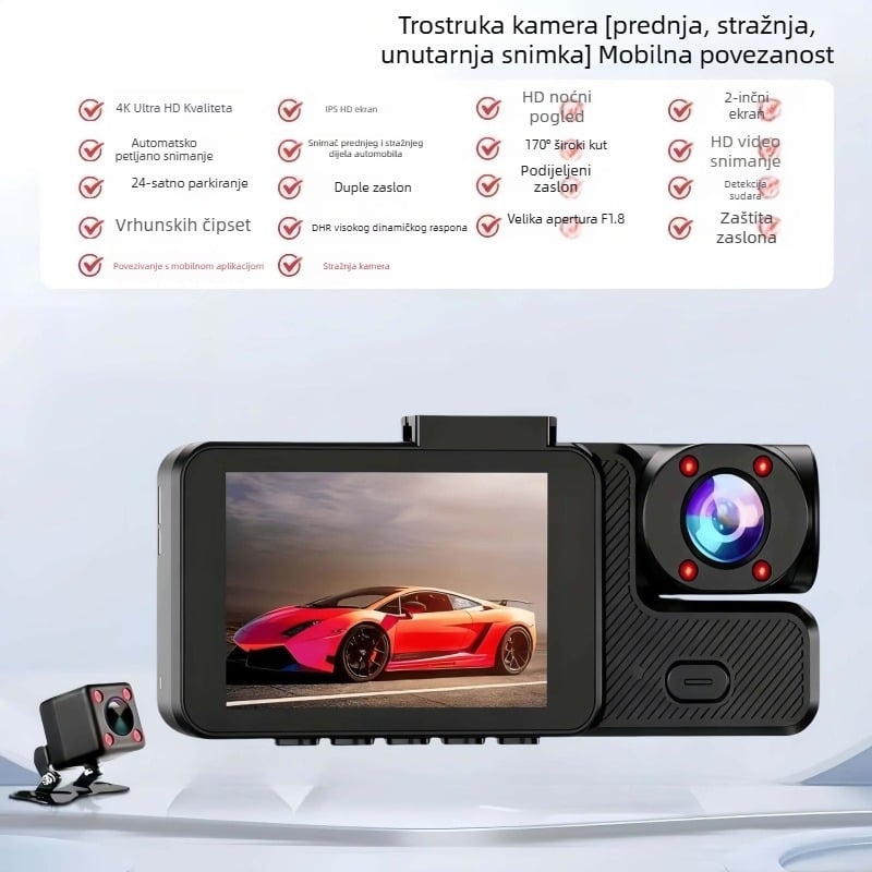 Cheba e-road 4K+ četverokanalna dash cam s 360° panoramom naprijed i unutar vozila, 3,0-inčni zaslon, nadzor parkiranja, poboljšano noćno vidjenje