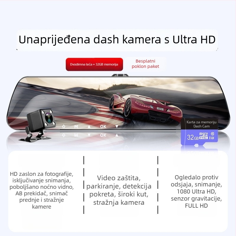 Auto dash kamera s dvostrukim snimanjem naprijed-natrag, 360° panoramski pogled, 1080p, noćni vid, otvor F2.0