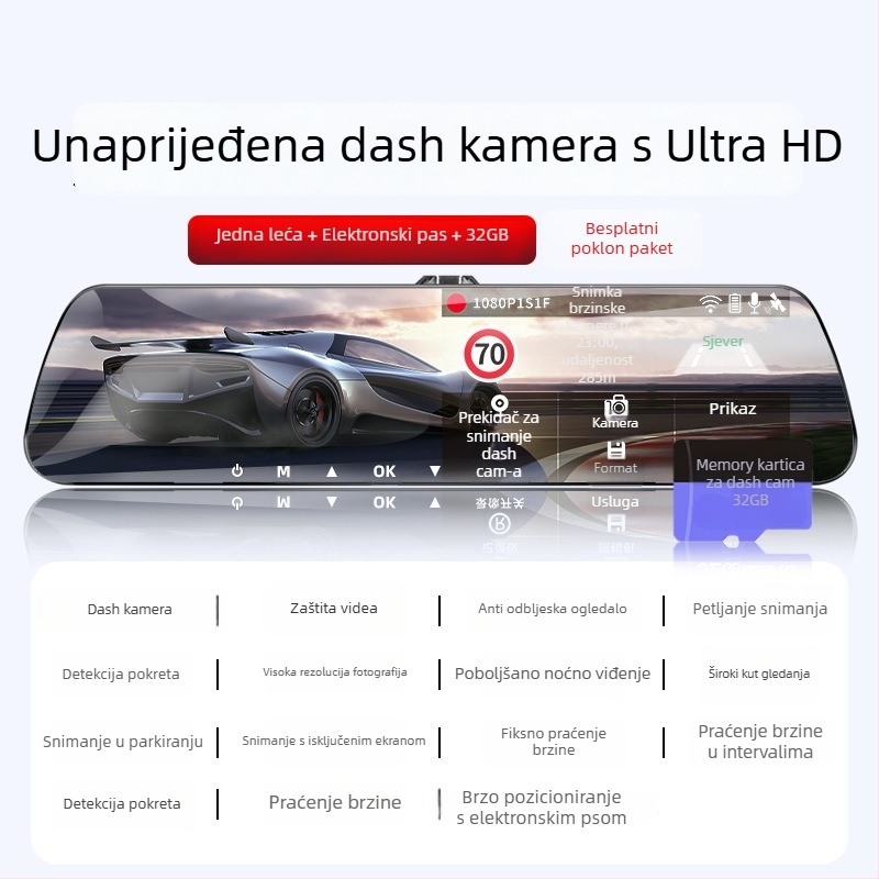Auto dash kamera s dvostrukim snimanjem naprijed-natrag, 360° panoramski pogled, 1080p, noćni vid, otvor F2.0