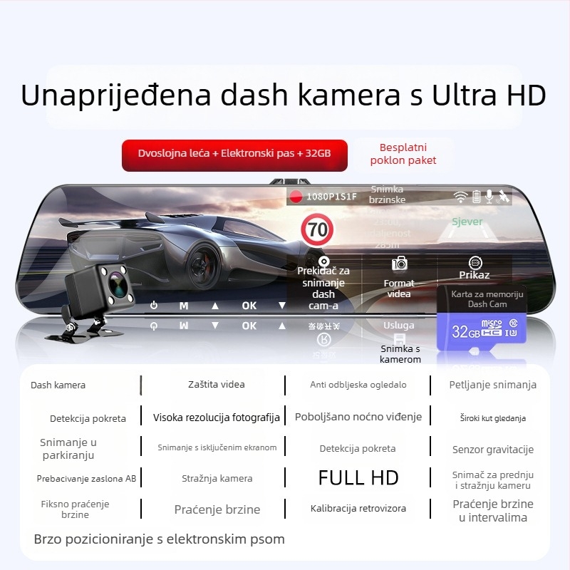 Auto dash kamera s dvostrukim snimanjem naprijed-natrag, 360° panoramski pogled, 1080p, noćni vid, otvor F2.0