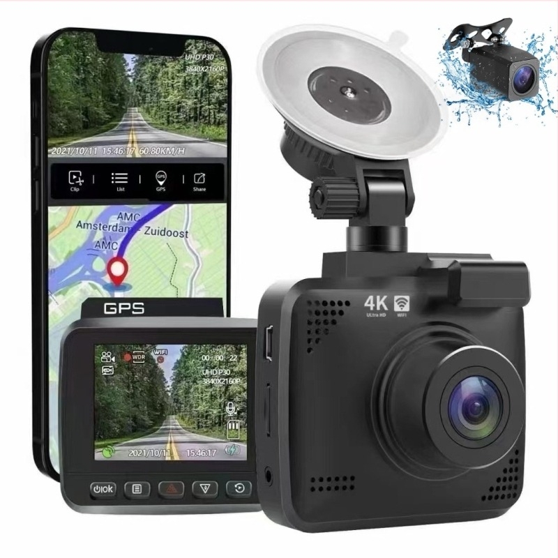 Dvostruki automobilski dash cam s rezolucijom 2160p, 150° kutom gledanja, GPS i Wi‑Fi, ciklično snimanje.