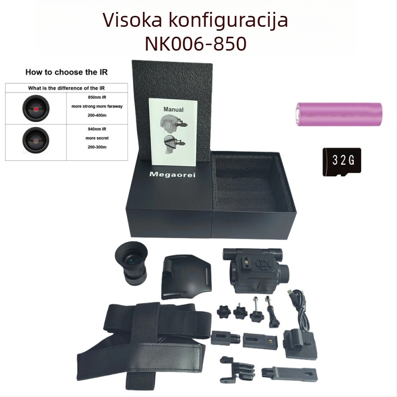 Infracrveni noćni vizir za kacigu i traku za glavu, dvostruka upotreba, 1–5× povećanje, 12 mm objektiv, domet 0–200 m, napajanje 3,7 V