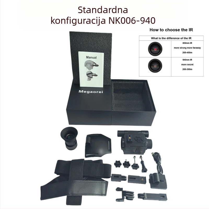 Infracrveni noćni vizir za kacigu i traku za glavu, dvostruka upotreba, 1–5× povećanje, 12 mm objektiv, domet 0–200 m, napajanje 3,7 V