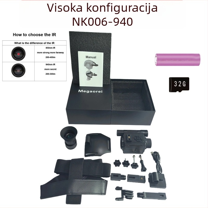 Infracrveni noćni vizir za kacigu i traku za glavu, dvostruka upotreba, 1–5× povećanje, 12 mm objektiv, domet 0–200 m, napajanje 3,7 V