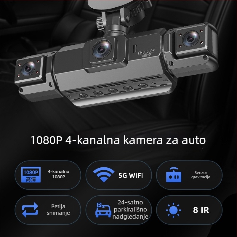 Četvero-kanalni automobilni dash cam s 170° kutom snimanja, 1080p, 3,0 inčni zaslon, Wi‑Fi (TF kartica)