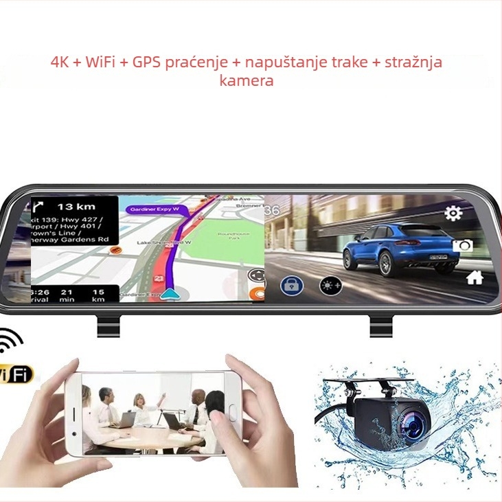 Registra DVR za auto ogledalo s dvostrukom lećom, 4K snimanje, 2160P, 170° kut gledanja, TF kartica podrška, 18MP fotografija