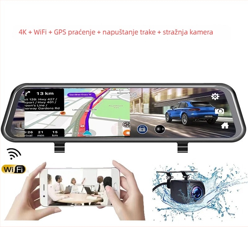 Registra DVR za auto ogledalo s dvostrukom lećom, 4K snimanje, 2160P, 170° kut gledanja, TF kartica podrška, 18MP fotografija