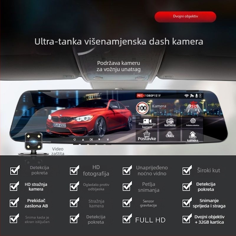 Auto kamera s 360° panoramskim prednjim i stražnjim dvostrukim objektivom, 1080P, noćno snimanje, 170° kut gledanja