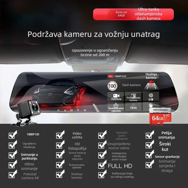 Auto kamera s 360° panoramskim prednjim i stražnjim dvostrukim objektivom, 1080P, noćno snimanje, 170° kut gledanja