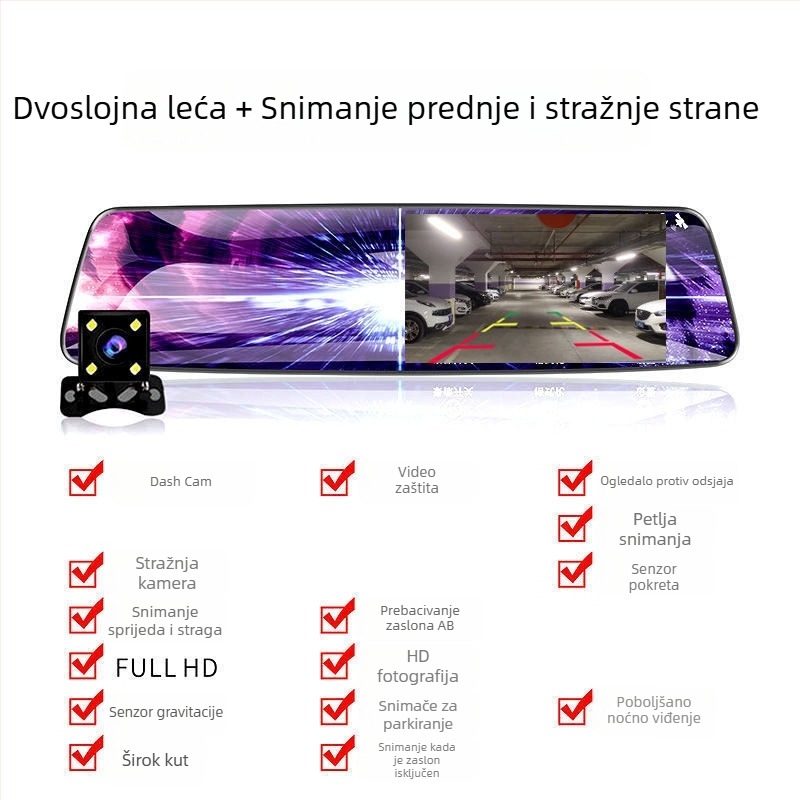 Retrovizor s DVR-om – prednja i stražnja dvostruka snimka, 1080p, 100° kut snimanja, noćno vidno, nadzor parkiranja