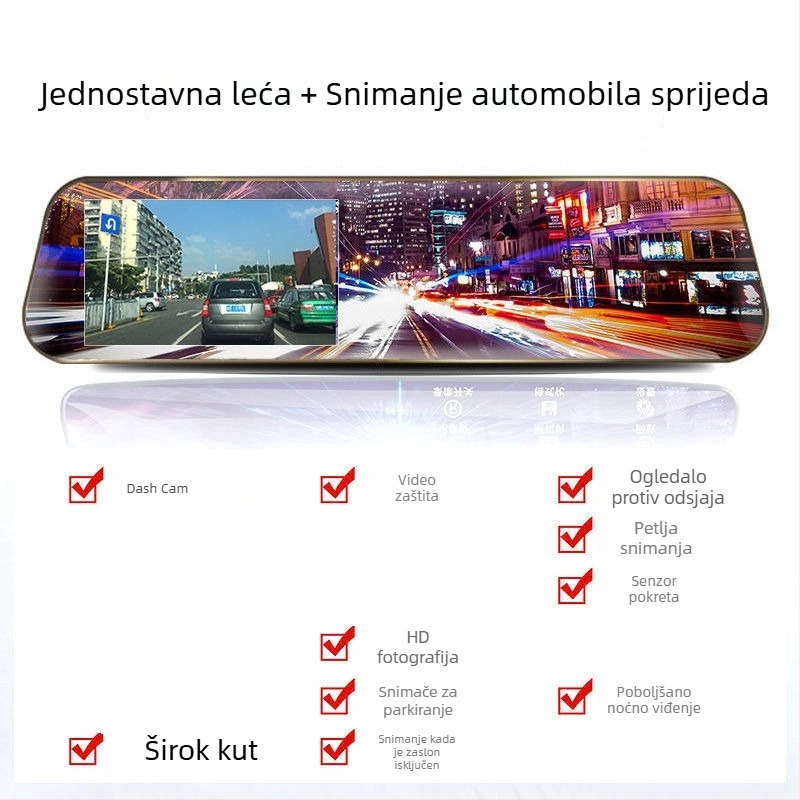 Retrovizor s DVR-om – prednja i stražnja dvostruka snimka, 1080p, 100° kut snimanja, noćno vidno, nadzor parkiranja
