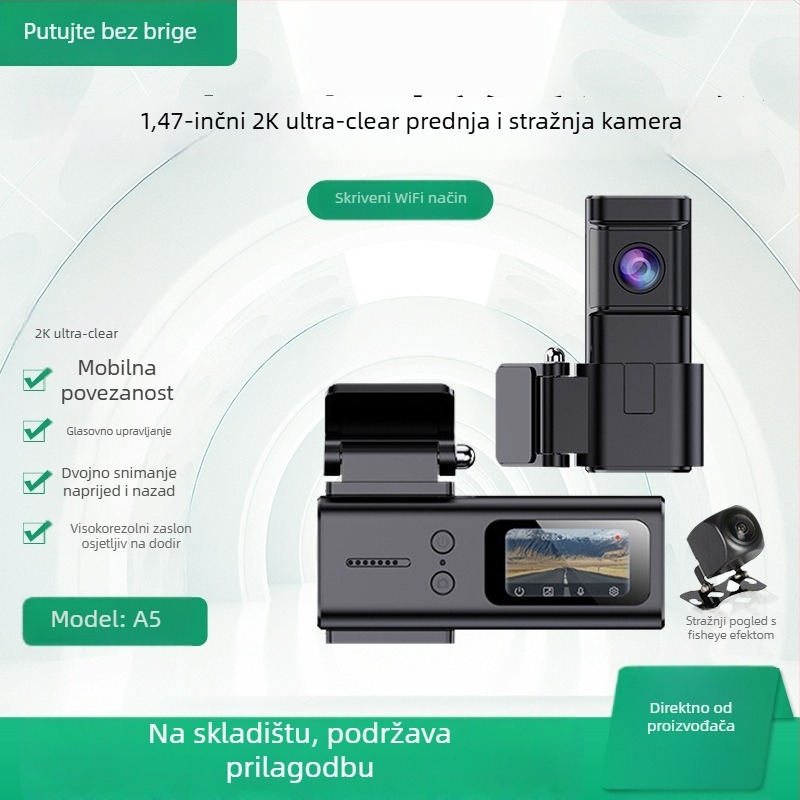 Automobilska kamera s dvostrukim objektivom, 170° kut gledanja, petlja snimanja, Wi‑Fi, 1,7-inčni zaslon