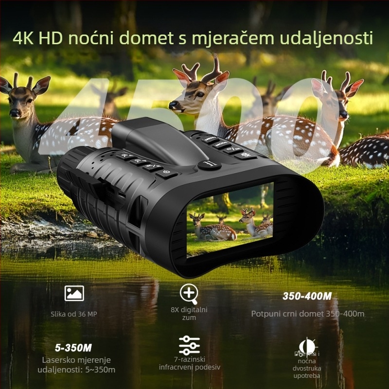 Infračrveni uređaj za noćno vidjenje s 4K kamerom, 8x digitalni zum, mjerenje udaljenosti do 350 m, baterija 4500 mAh