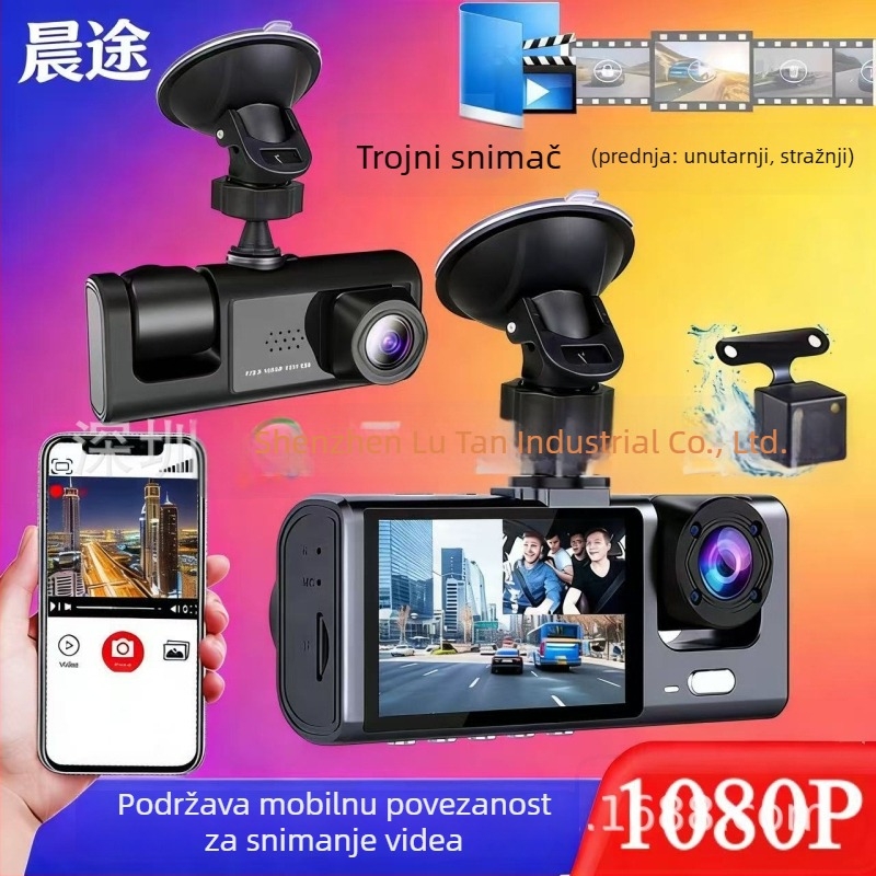 Morning Journey M10 dash cam — 1080P trostruka kamera s noćnim vidom, snima ispred, u unutrašnjosti i straga, 170° širokokutni LCD, 2,0 inča