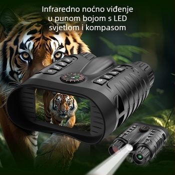 Infracrveni teleskop noćnog vida s 8x povećanjem, objektiv 24 mm, domet promatranja do oko 400 m u potpunoj tami, ugrađena baterija 4500 mAh, kompas i bijelo svjetlo