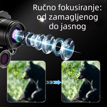 Monokularni noćni vid s IR osvjetljenjem, povećanje 6x–10x, 25 mm objektiv, raspon gledanja 600 m, težina 340 g