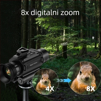 Monokularni noćni vid s IR osvjetljenjem, povećanje 6x–10x, 25 mm objektiv, raspon gledanja 600 m, težina 340 g