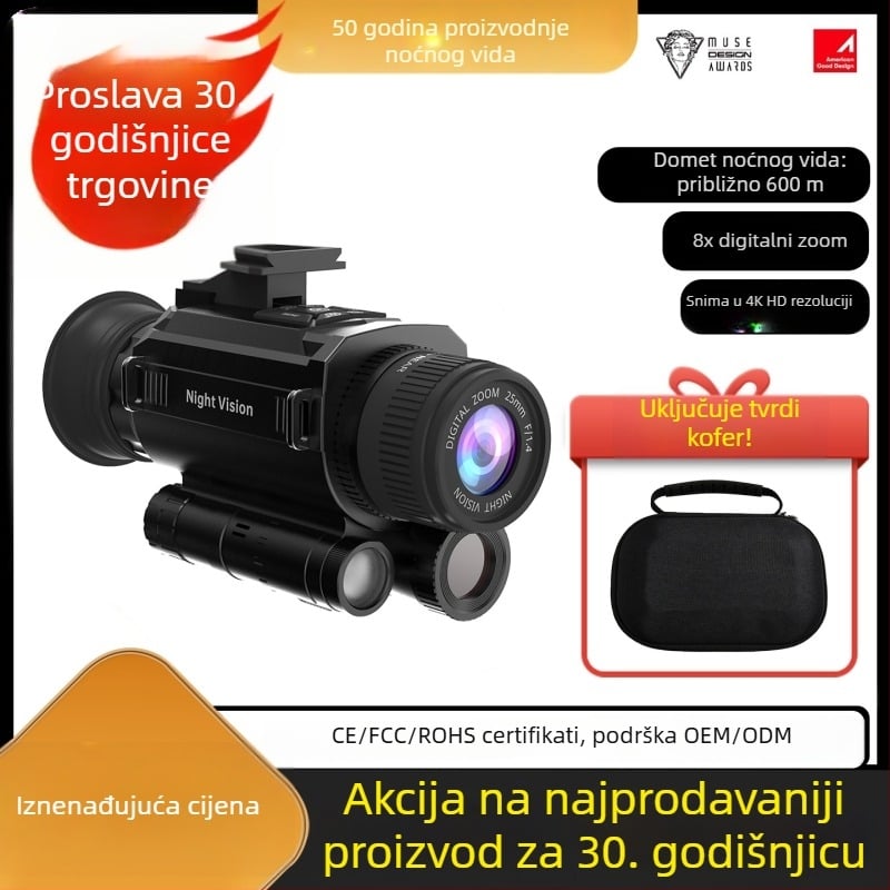 Monokularni noćni vid s IR osvjetljenjem, povećanje 6x–10x, 25 mm objektiv, raspon gledanja 600 m, težina 340 g