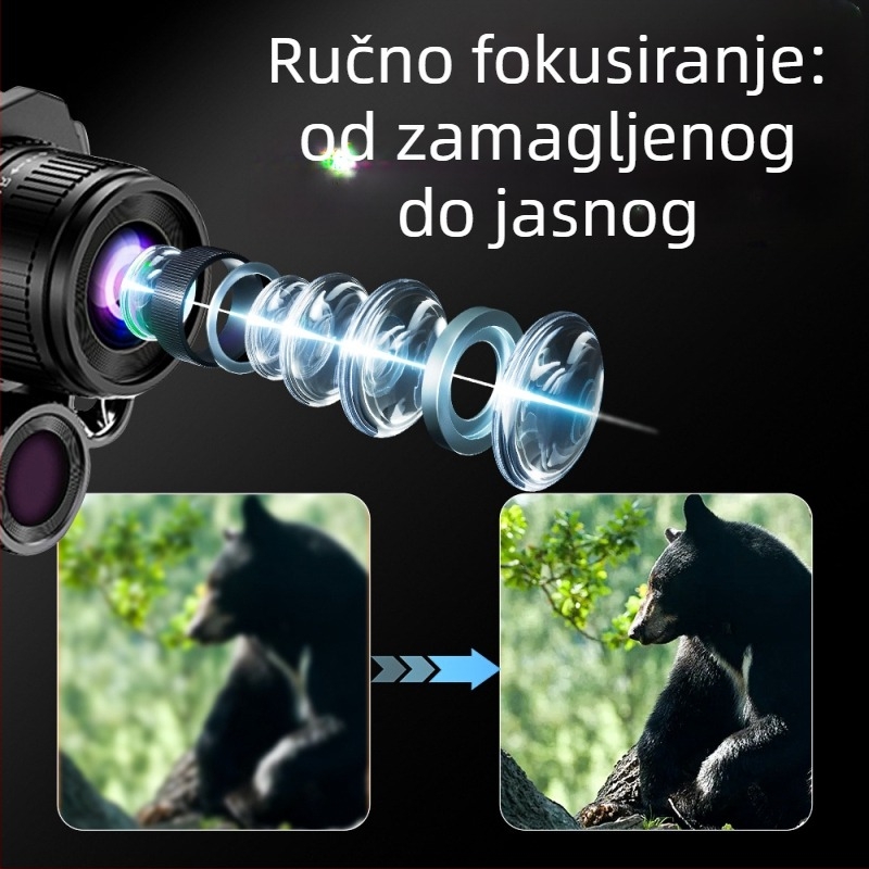 Monokularni noćni vid s IR osvjetljenjem, povećanje 6x–10x, 25 mm objektiv, raspon gledanja 600 m, težina 340 g