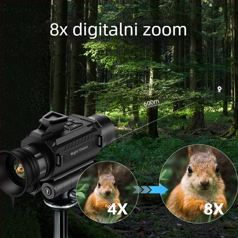 Monokularni noćni vid s IR osvjetljenjem, povećanje 6x–10x, 25 mm objektiv, raspon gledanja 600 m, težina 340 g