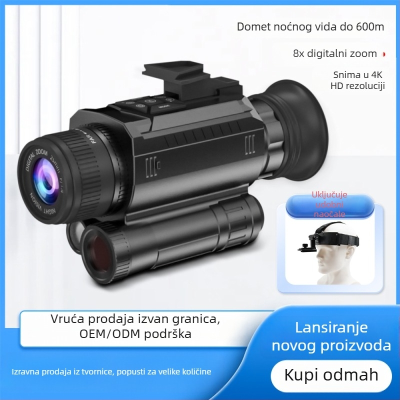 Monokularni noćni vid s IR osvjetljenjem, povećanje 6x–10x, 25 mm objektiv, raspon gledanja 600 m, težina 340 g