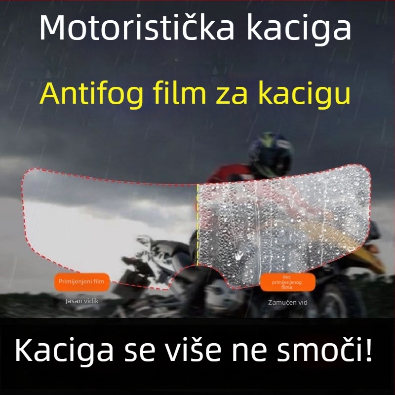Nano-film za vizir motociklističke kacige: kiša i magla otporan, anti‑fog, vodootporan; univerzalna kompatibilnost; mogućnost privatne marke
