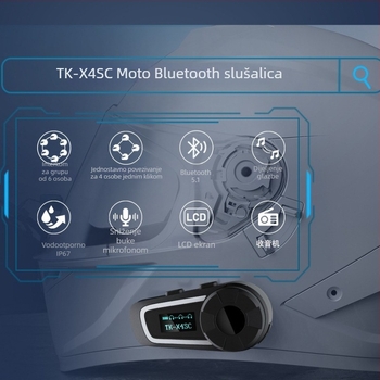 Interkom za kacigu motocikla TK-X4SC, domet 100 m, Bluetooth 5.0, 40 h baterija, vodootporan i prašini otporan