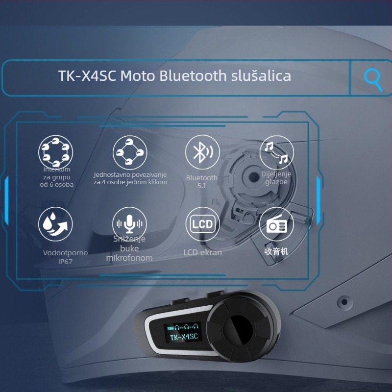 Interkom za kacigu motocikla TK-X4SC, domet 100 m, Bluetooth 5.0, 40 h baterija, vodootporan i prašini otporan