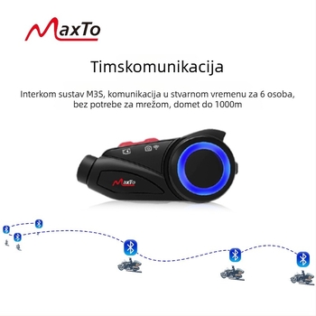 Maxto M3 Bluetooth slušalica za kacigu: interkom za 6 osoba, doseg 1000 m, 360° rotacija, Bluetooth 5.0, trajanje 36 sati