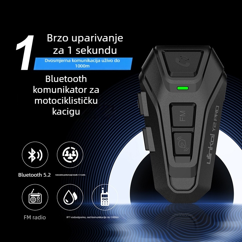 ULINKAL Y2PRO Bluetooth interkom za kacigu motocikla — dvostruki duplex, kompatibilan s punim i polokacigama, dimenzije 45×90 mm