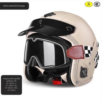 3/4 retro kožna kaciga za motor s naočalama, Unisex, 3C certificirana