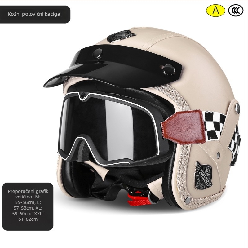 3/4 retro kožna kaciga za motor s naočalama, Unisex, 3C certificirana