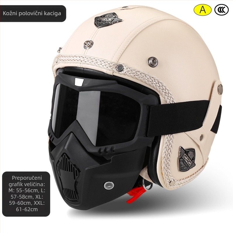 3/4 retro kožna kaciga za motor s naočalama, Unisex, 3C certificirana