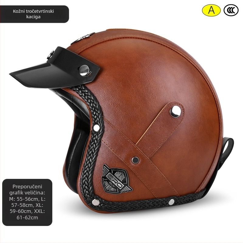 3/4 retro kožna kaciga za motor s naočalama, Unisex, 3C certificirana