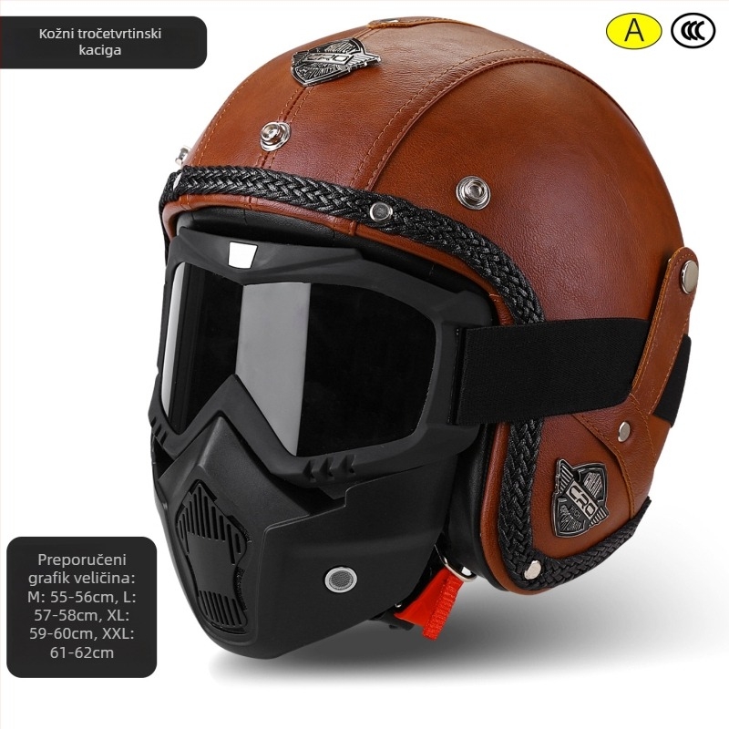 3/4 retro kožna kaciga za motor s naočalama, Unisex, 3C certificirana