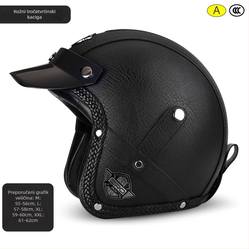 3/4 retro kožna kaciga za motor s naočalama, Unisex, 3C certificirana
