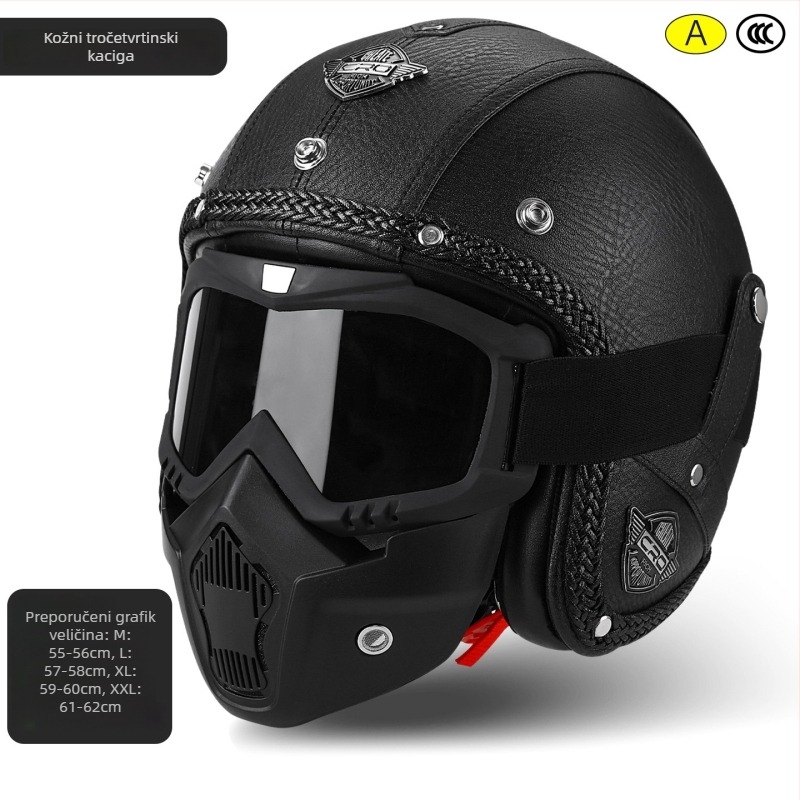 3/4 retro kožna kaciga za motor s naočalama, Unisex, 3C certificirana