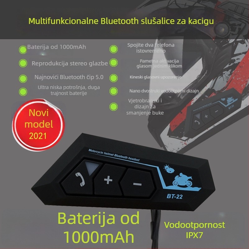 Bluetooth headset za motociklističku kacigu s 5.0, IPX5 vodootporan, više od 8 sati baterije, domet 10 m, stereo za obje uši